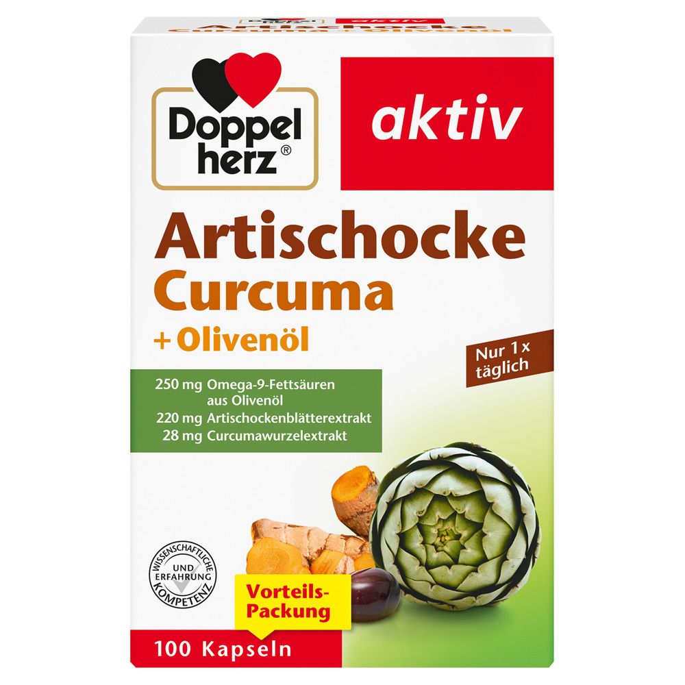 Schachtel mit Doppelherz Artischocke Curcuma + Olivenöl. Enthält 100 Kapseln. Abbildung von Artischocke, Kurkuma und Oliven.