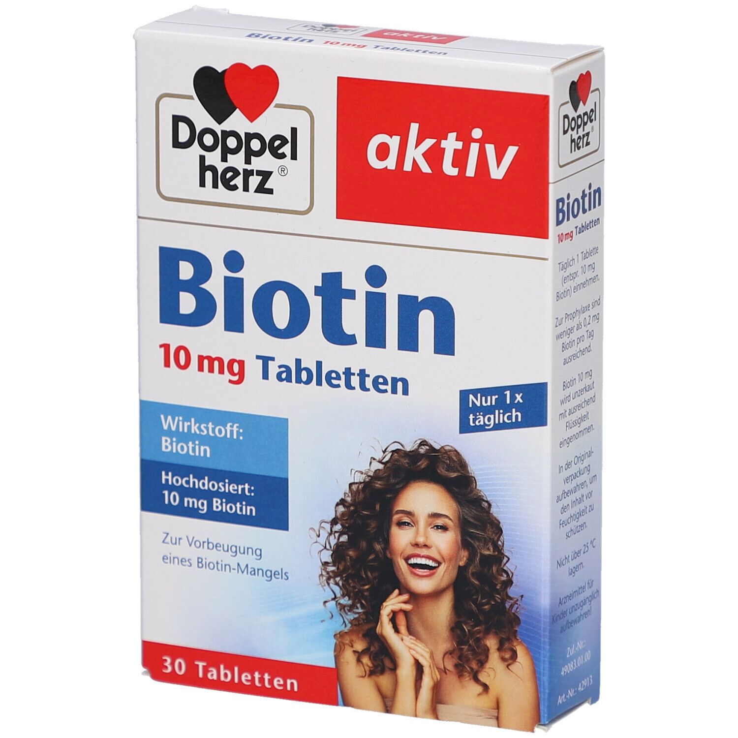 Verpackung von Doppelherz aktiv Biotin 10 mg Tabletten. Enthält 30 Tabletten. Aufdruck: Biotin, 10 mg Tabletten, aktiv, 1x täglich.