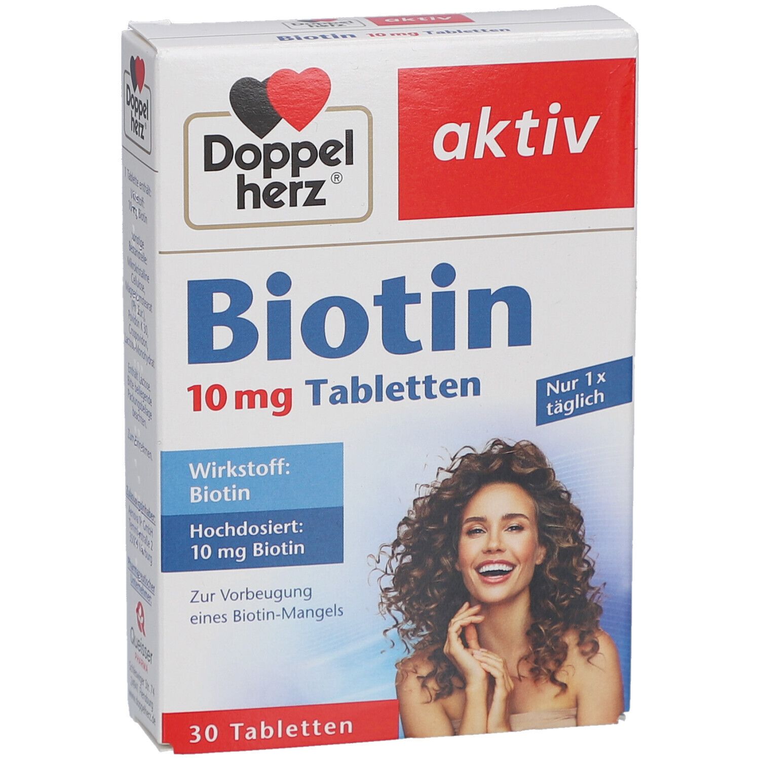 Vorderseite der Verpackung von Doppelherz aktiv Biotin 10 mg Tabletten. Aufdruck: Biotin, 10 mg Tabletten, aktiv, 1x täglich, 30 Tabletten.