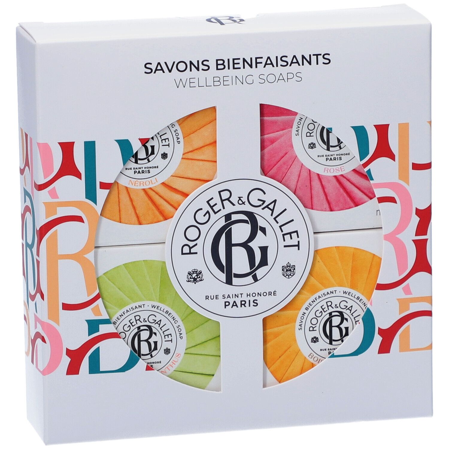 Box mit vier Seifen. Logo 'Roger & Gallet' und Schriftzug. Seifen in Orange, Pink, Grün und Gelb sichtbar.