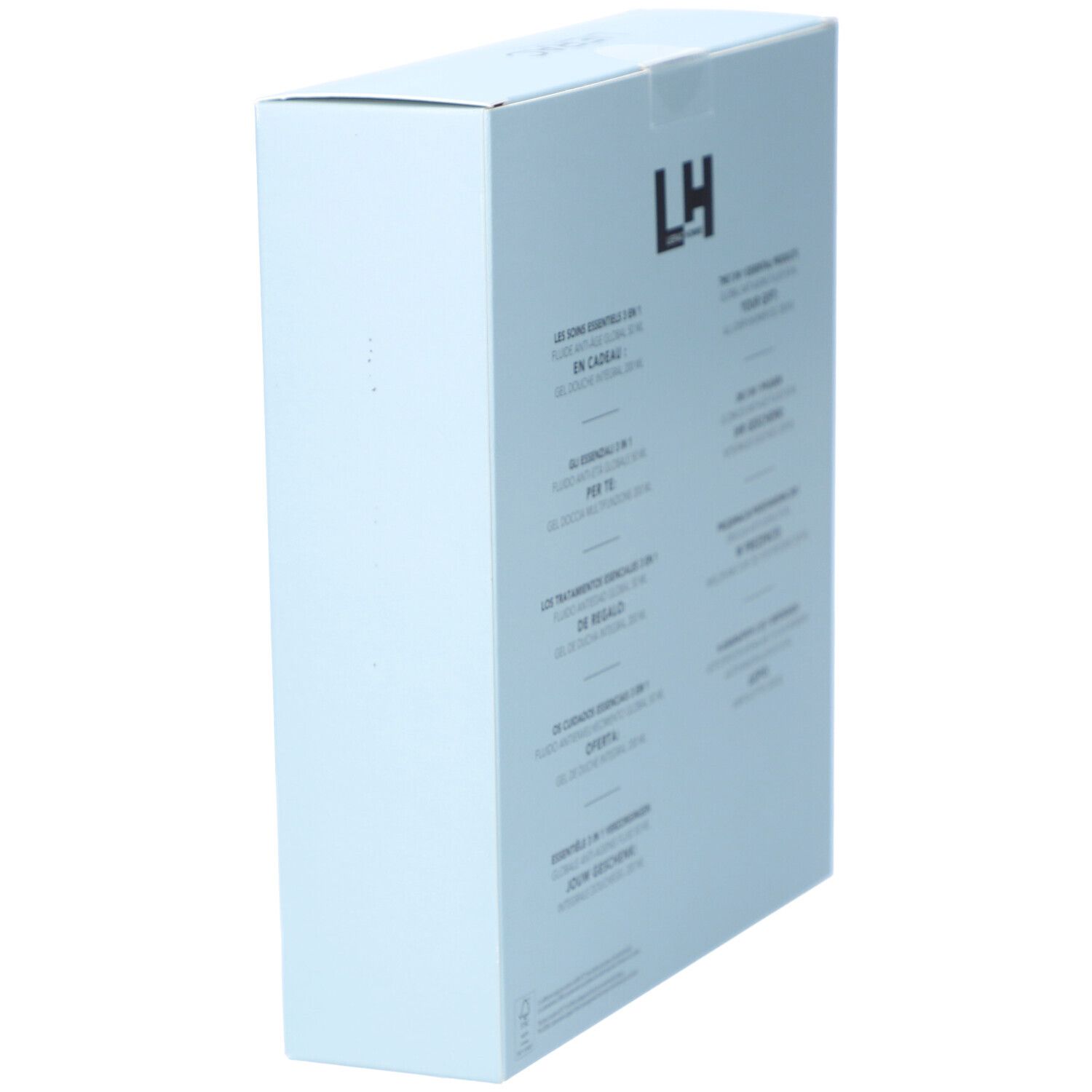 Hellblaue Geschenkbox mit Text auf der Rückseite. Enthält Informationen über die Produkte.