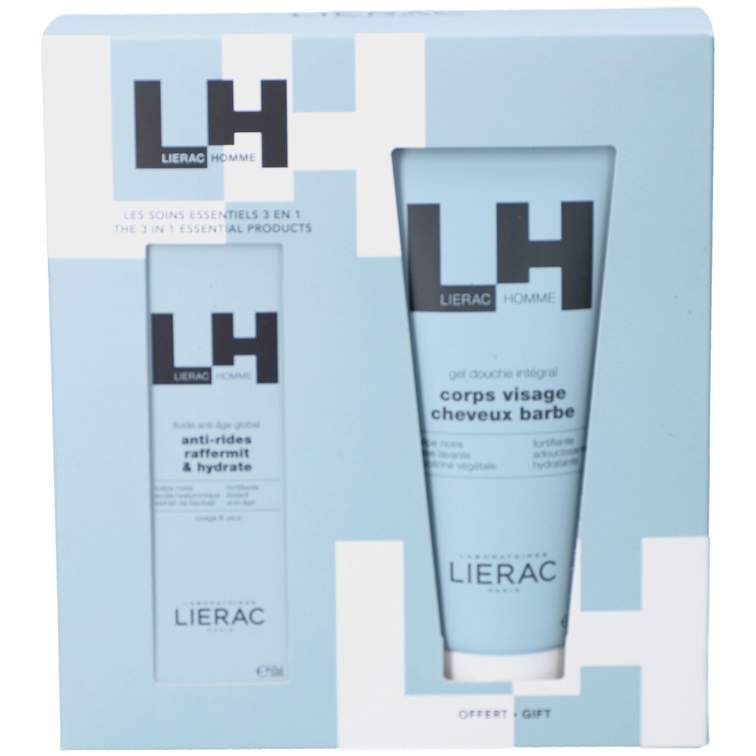 Geschenkset mit zwei Produkten: Anti-Aging Fluid und Duschgel. Hellblaue Verpackung mit Produktnamen und Logo.