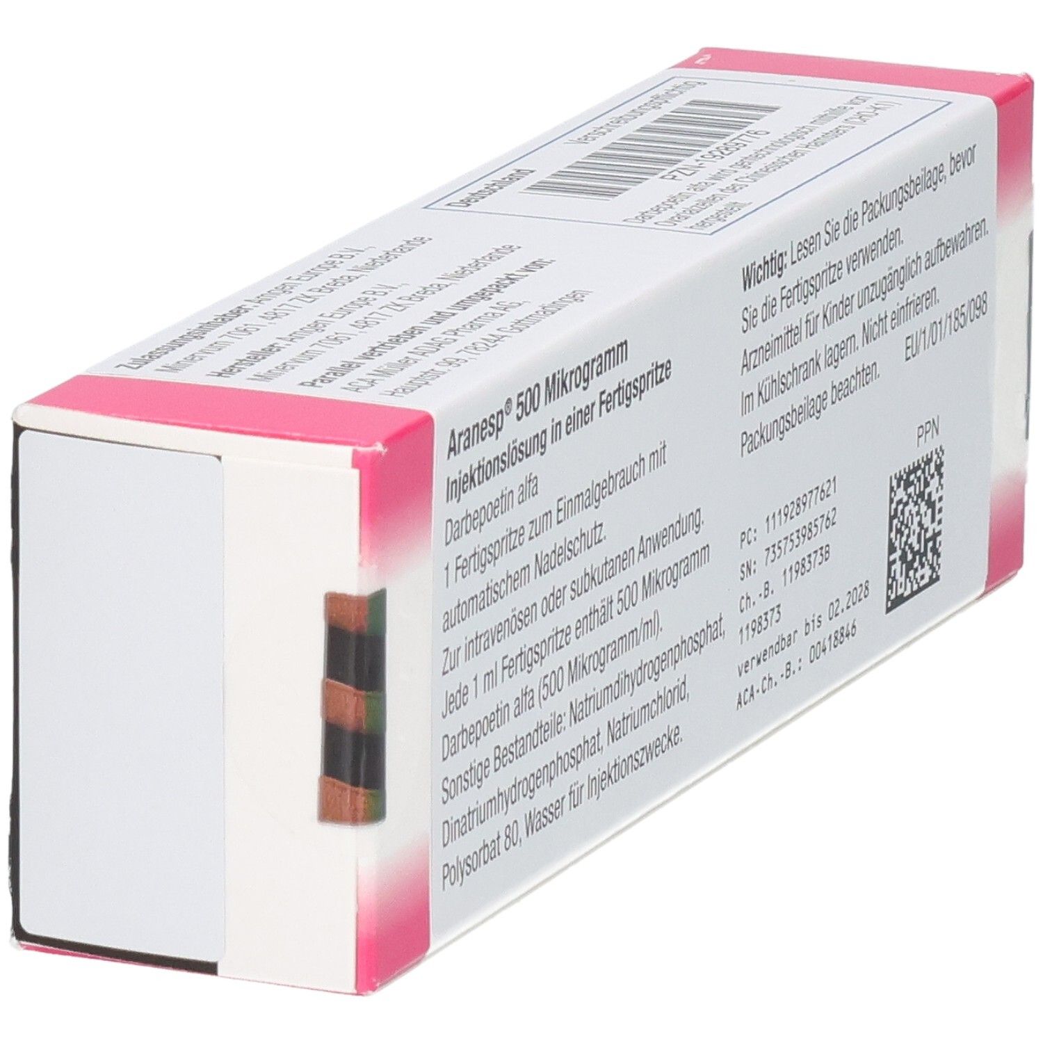 Aranesp 500 Mikrogramm Fertigspritze. Packungsdetails, Chargennummer und Verfallsdatum.