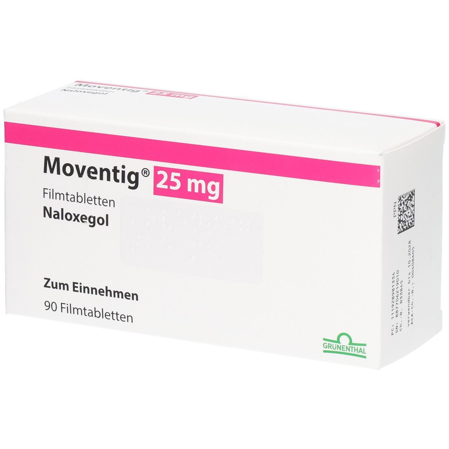 Weiße Faltschachtel mit rosa Akzenten. Aufdruck: Moventig 25 mg, Filmtabletten, Naloxegol. Grünenthal-Logo. 90 Filmtabletten.
