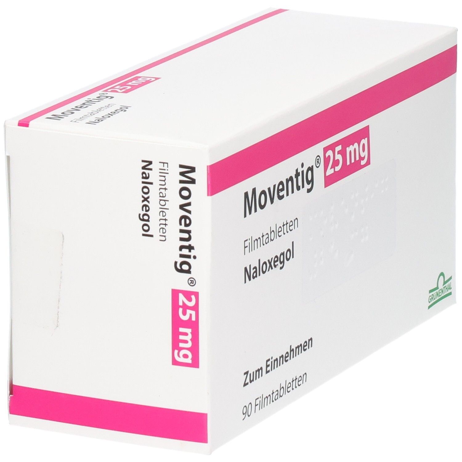 Weiße Faltschachtel mit rosa Akzenten. Aufdruck: Moventig 25 mg, Filmtabletten, Naloxegol. Grünenthal-Logo. 90 Filmtabletten.