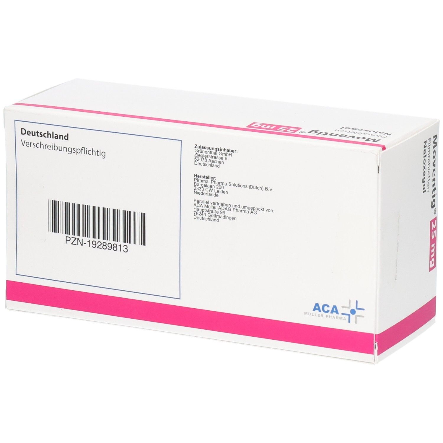 Rückseite der weißen Faltschachtel. Aufdruck: Deutschland, verschreibungspflichtig. Barcode, PZN-19289813. ACA-Logo.