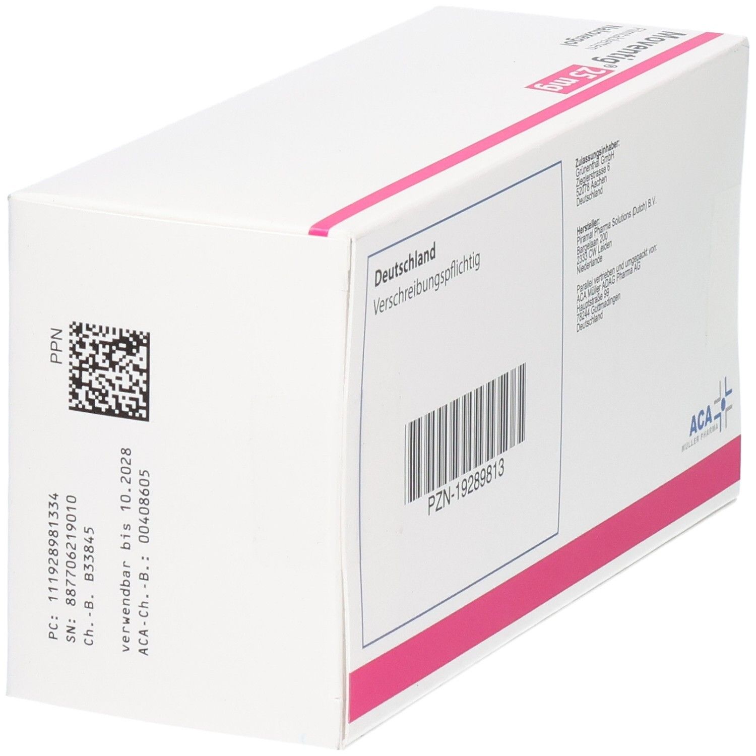 Rückseite der weißen Faltschachtel. Aufdruck: Deutschland, verschreibungspflichtig. Barcode, PZN-19289813. ACA-Logo.