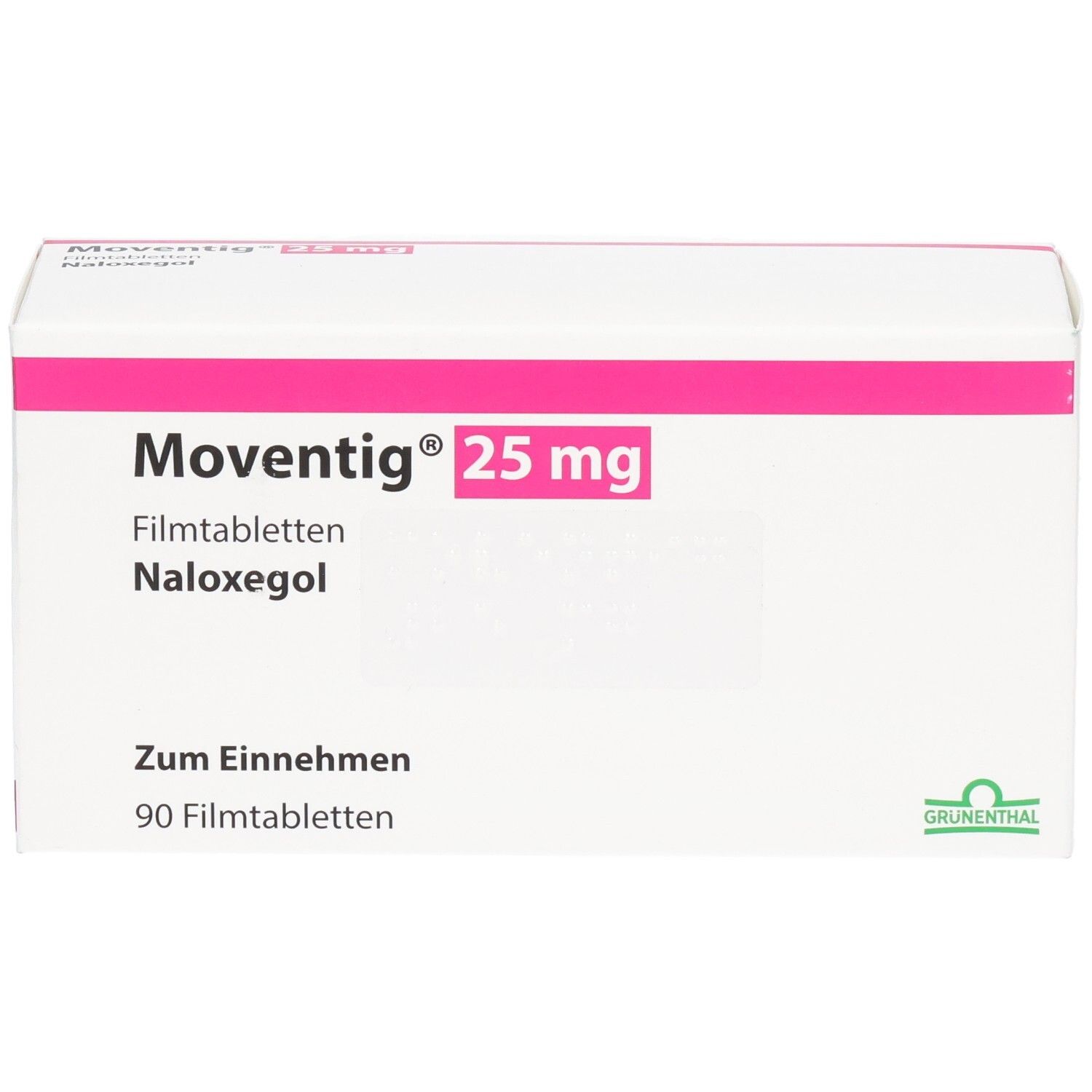 Weiße Faltschachtel mit rosa Akzenten. Aufdruck: Moventig 25 mg, Filmtabletten, Naloxegol. Grünenthal-Logo. 90 Filmtabletten.