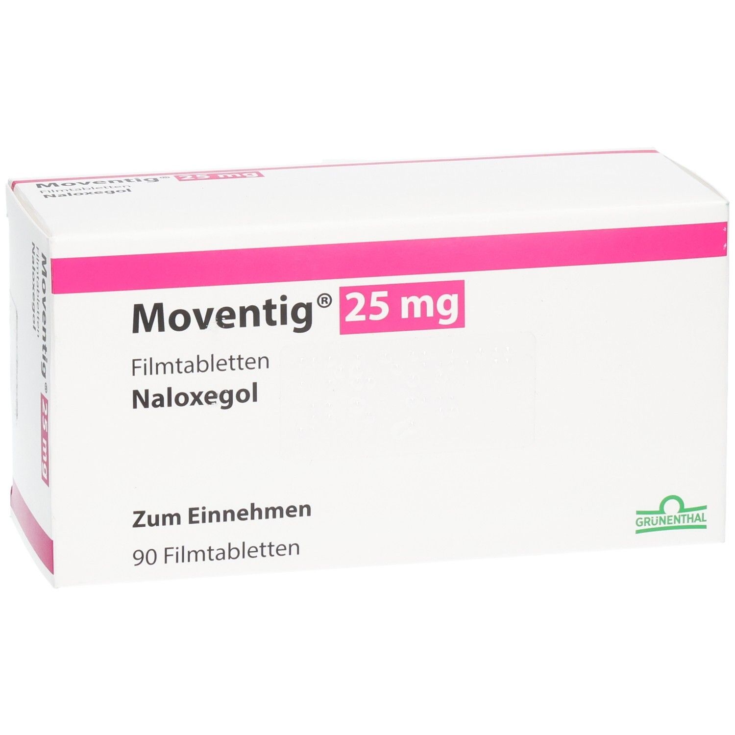Weiße Faltschachtel mit rosa Akzenten. Aufdruck: Moventig 25 mg, Filmtabletten, Naloxegol. Grünenthal-Logo. 90 Filmtabletten.