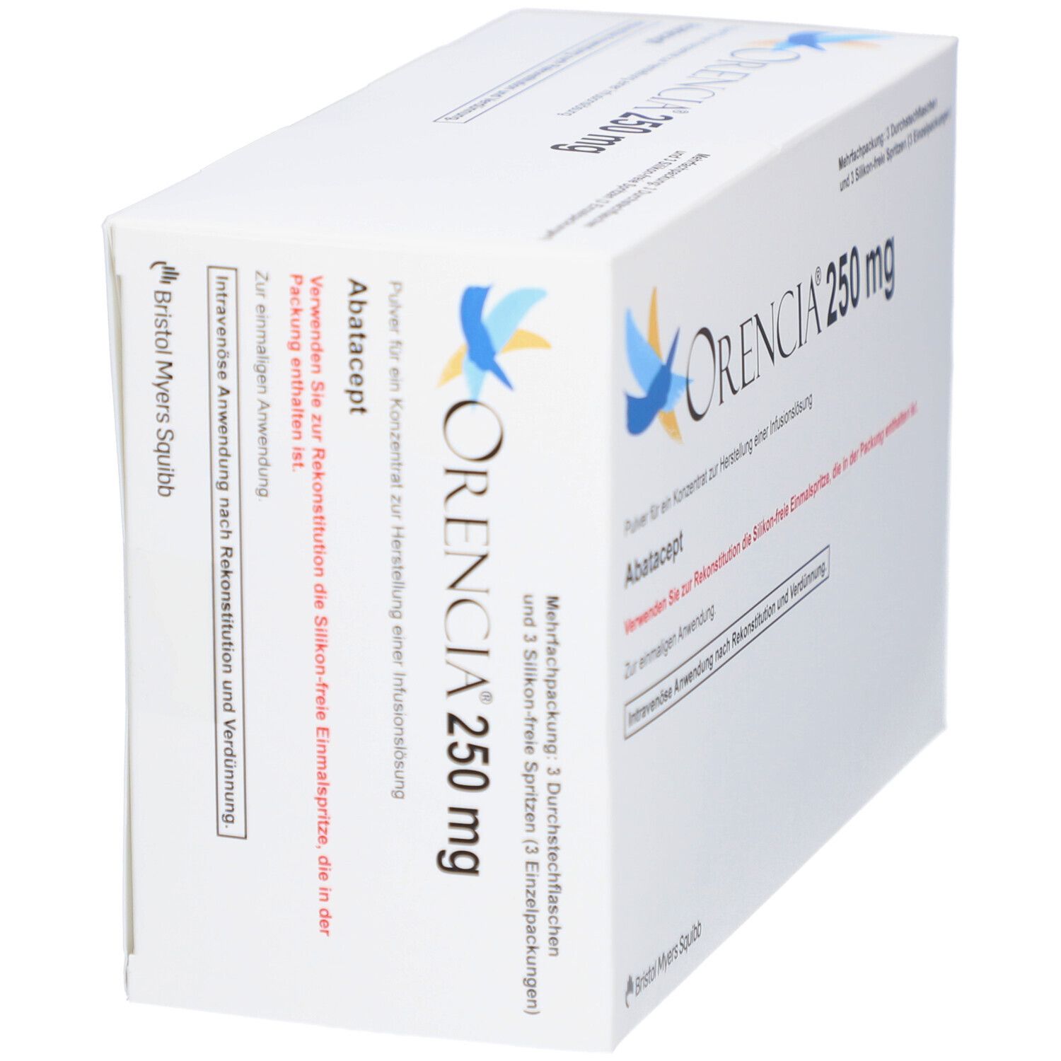 Orencia 250 mg Packung. Enthält Abatacept. Mehrfachpackung mit Durchstechflaschen und Spritzen. Bristol Myers Squibb.