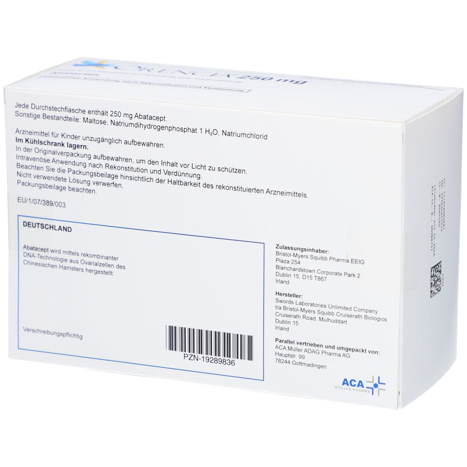 Orencia 250 mg Packung. Rückseite mit Inhaltsstoffen und Herstellerinformationen. ACA Pharma AG.