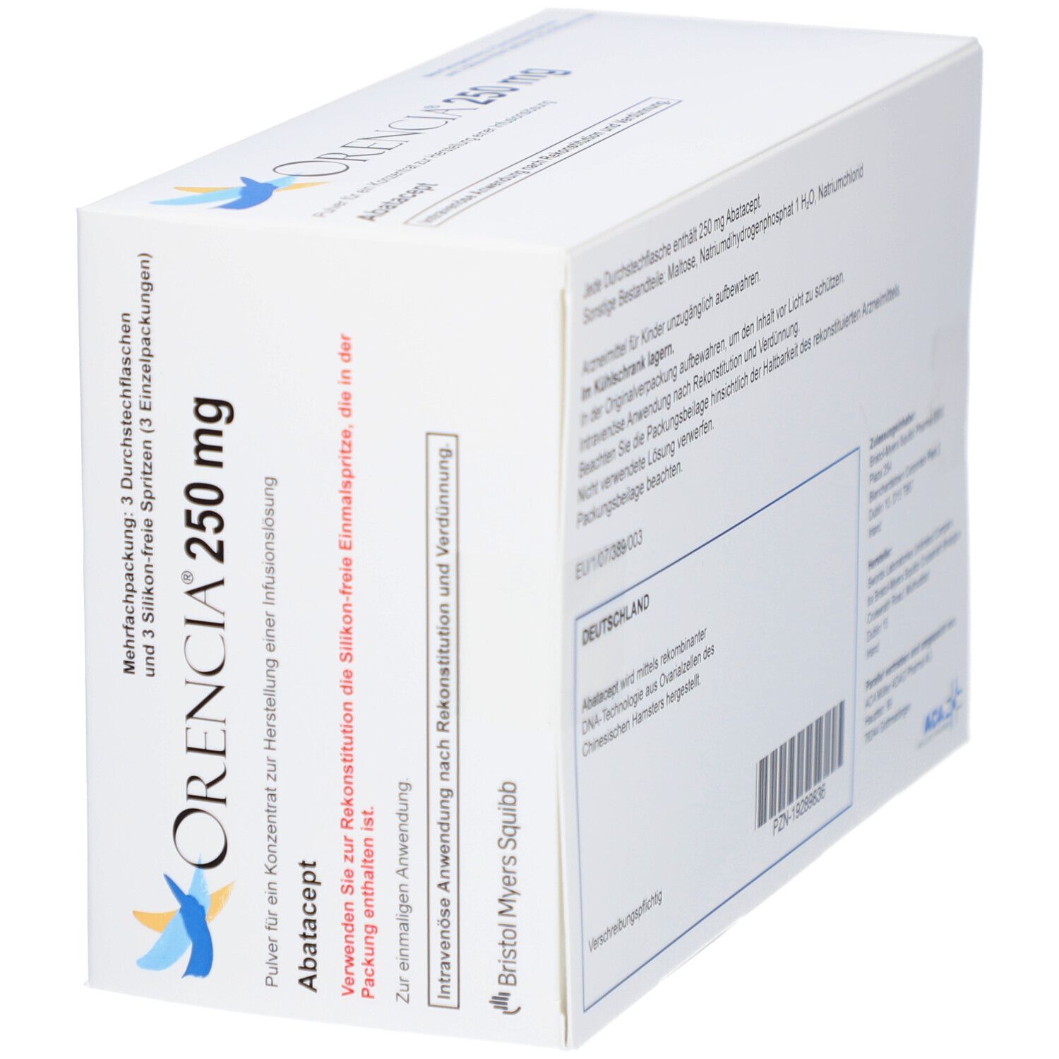 Orencia 250 mg Packung. Enthält Abatacept. Mehrfachpackung mit Durchstechflaschen und Spritzen. Bristol Myers Squibb.