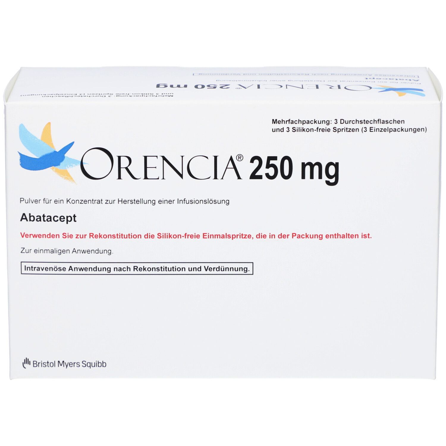 Orencia 250 mg Packung. Enthält Abatacept. Mehrfachpackung mit Durchstechflaschen und Spritzen. Bristol Myers Squibb.