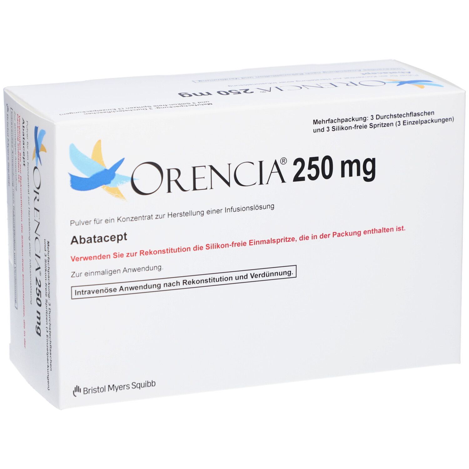 Orencia 250 mg Packung. Enthält Abatacept. Mehrfachpackung mit Durchstechflaschen und Spritzen. Bristol Myers Squibb.