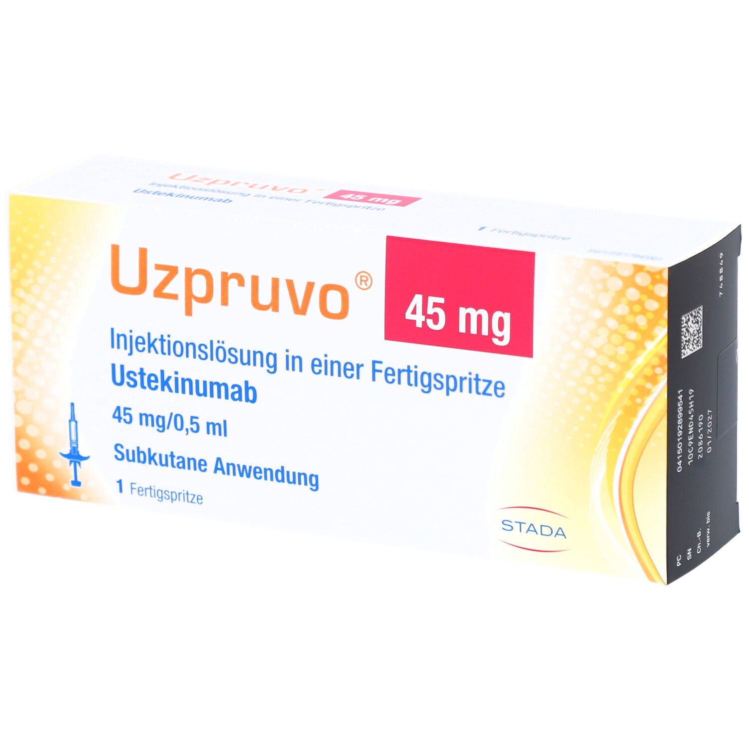 Weiße Schachtel mit rotem Feld. Aufdruck: UZPRUVO 45 mg Injektionslösung. Fertigspritze. STADA Logo.