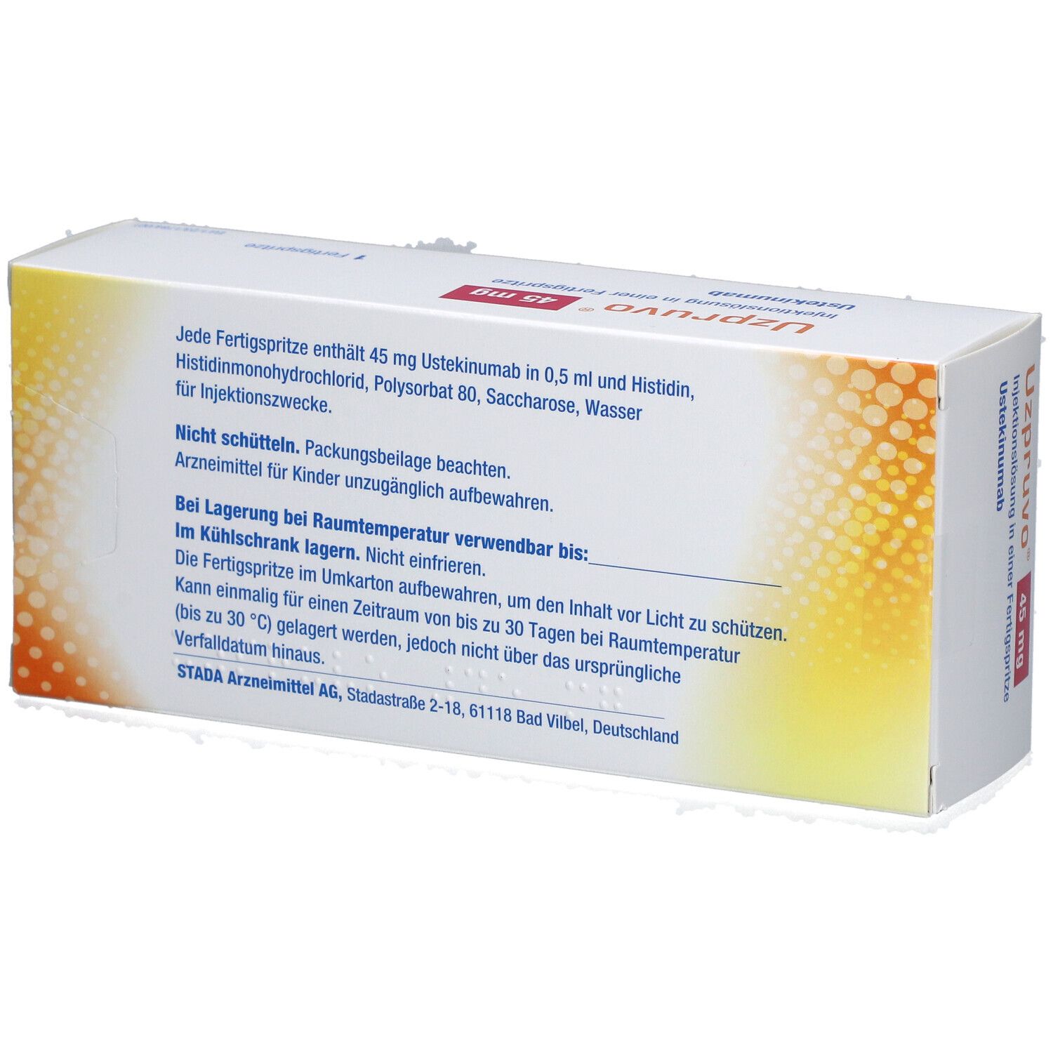 Rückseite der UZPRUVO 45 mg Packung. Text: Inhaltsstoffe, Lagerungshinweise, Hersteller. Gelber Farbverlauf.