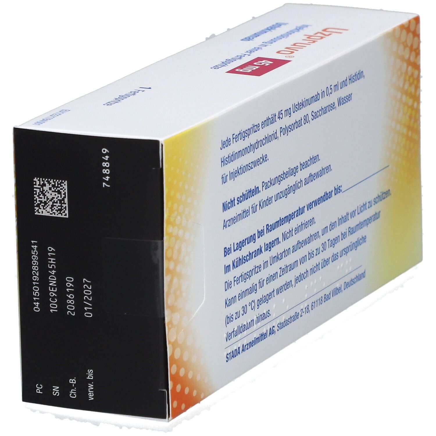Seite der UZPRUVO 45 mg Packung. Barcode, Chargennummer, Verfallsdatum. Schwarzer Hintergrund.