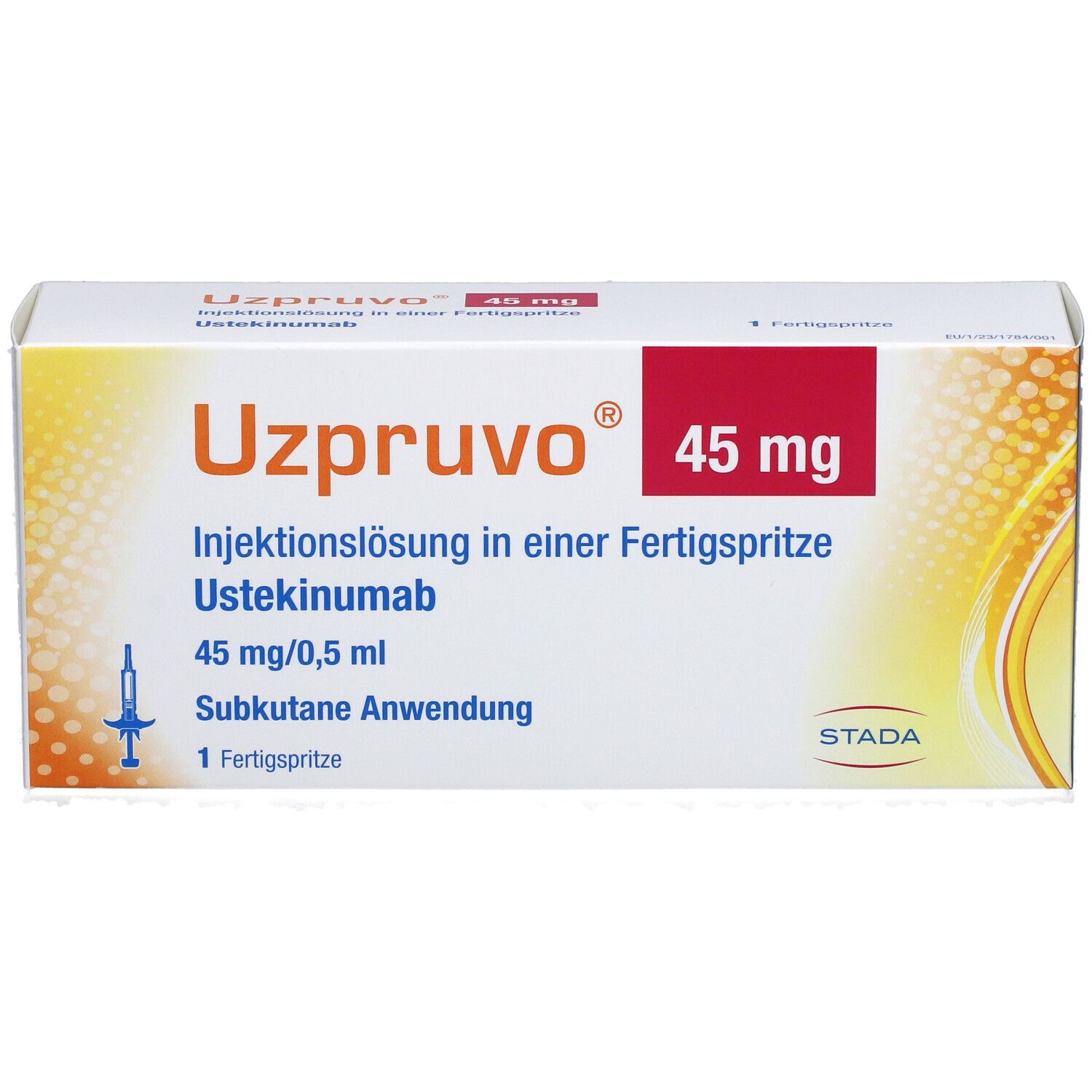 UZPRUVO 45 mg Packung, Ansicht von oben. Aufdruck: Injektionslösung in Fertigspritze. STADA Logo.