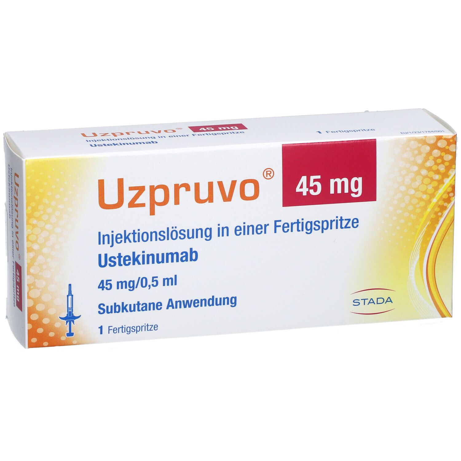 UZPRUVO 45 mg Packung. Aufdruck: Injektionslösung in Fertigspritze. Rotes Feld mit Dosierung.
