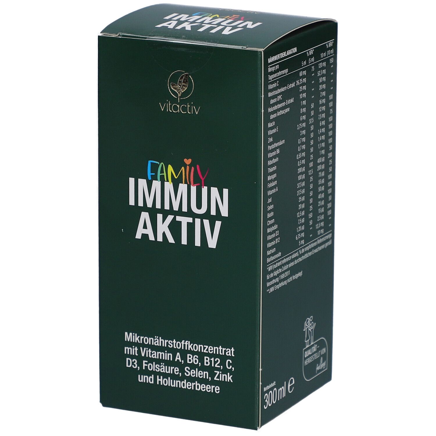 Dunkelgrüne Schachtel. Text: FAMILY IMMUN AKTIV. Mikronährstoffkonzentrat. 300ml.