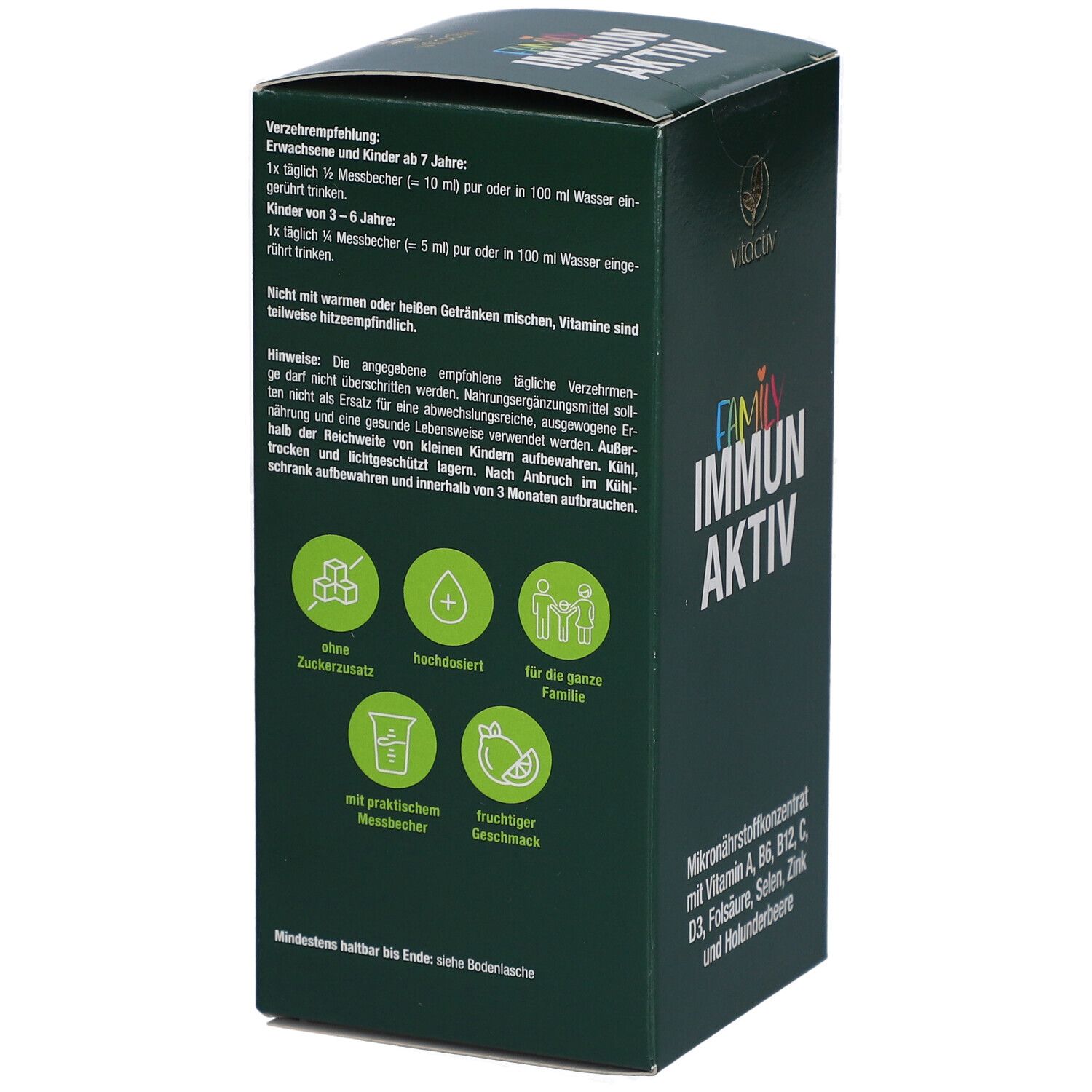 Schachtel mit Text und Icons. Text: FAMILY IMMUN AKTIV. Verzehrempfehlung. Ohne Zuckerzusatz.