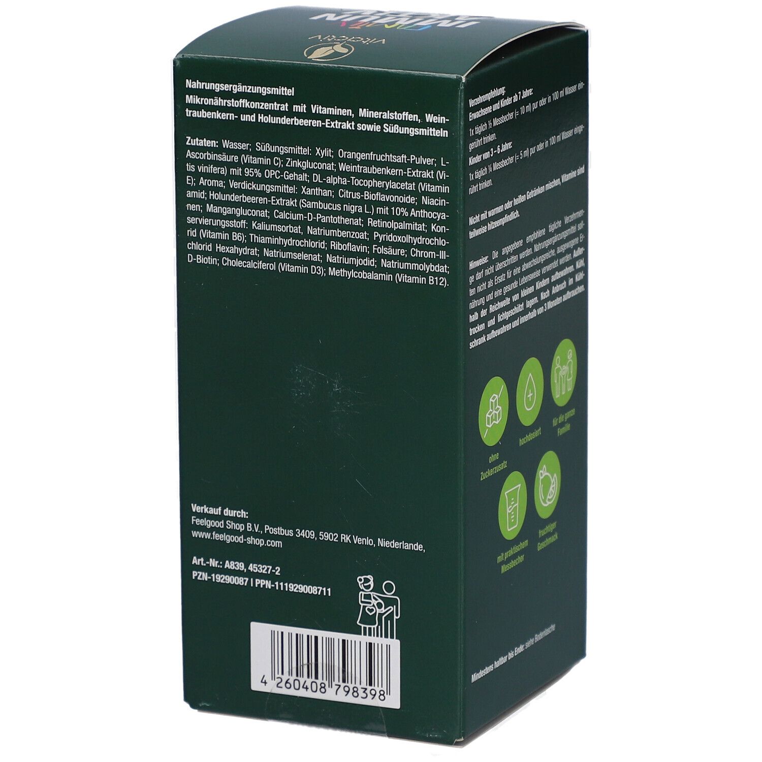 Schachtel mit Text. Text: FAMILY IMMUN AKTIV. Nährwertangaben. Zutaten. Verkauft von...