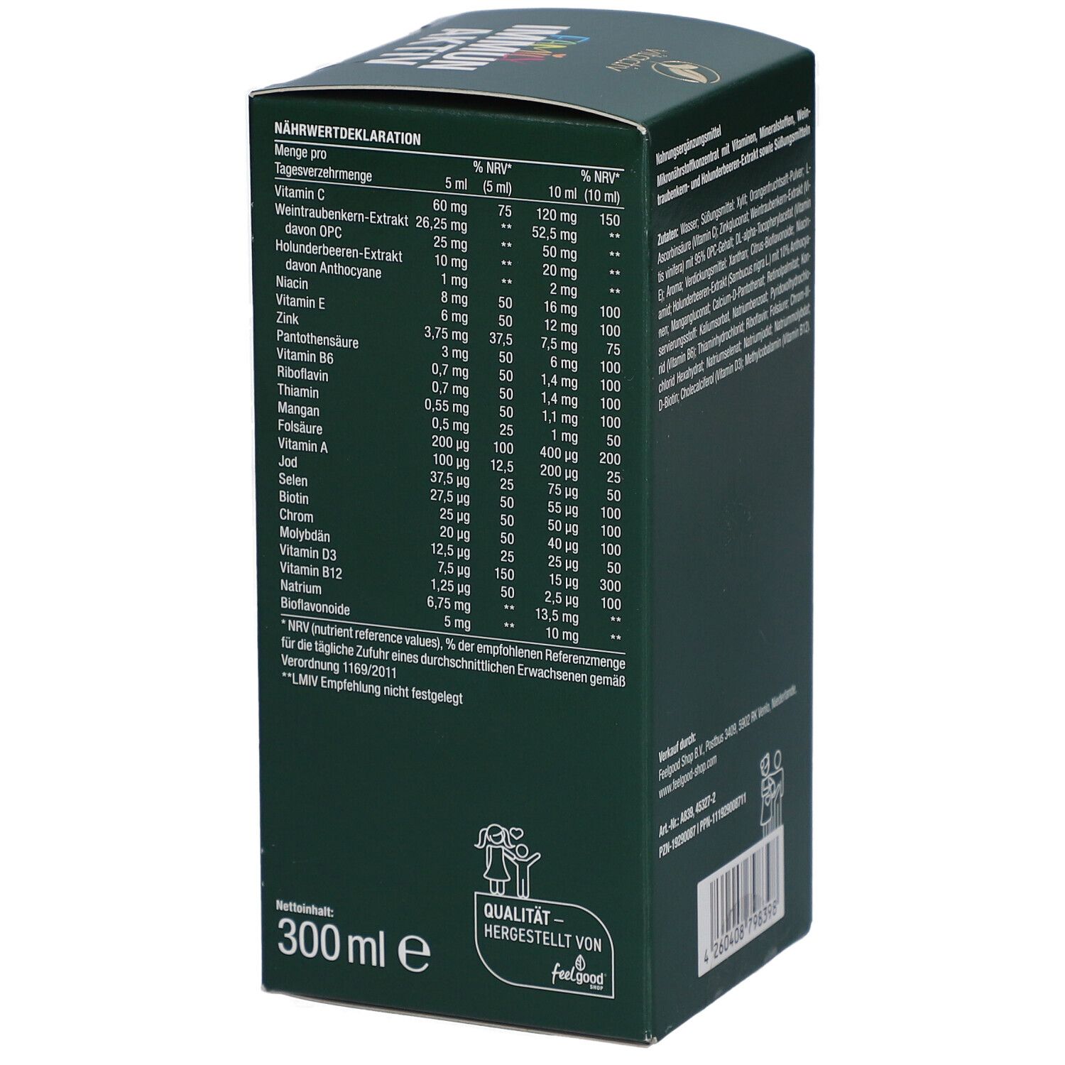 Schachtel. Text: FAMILY IMMUN AKTIV. Mikronährstoffkonzentrat. 300ml.