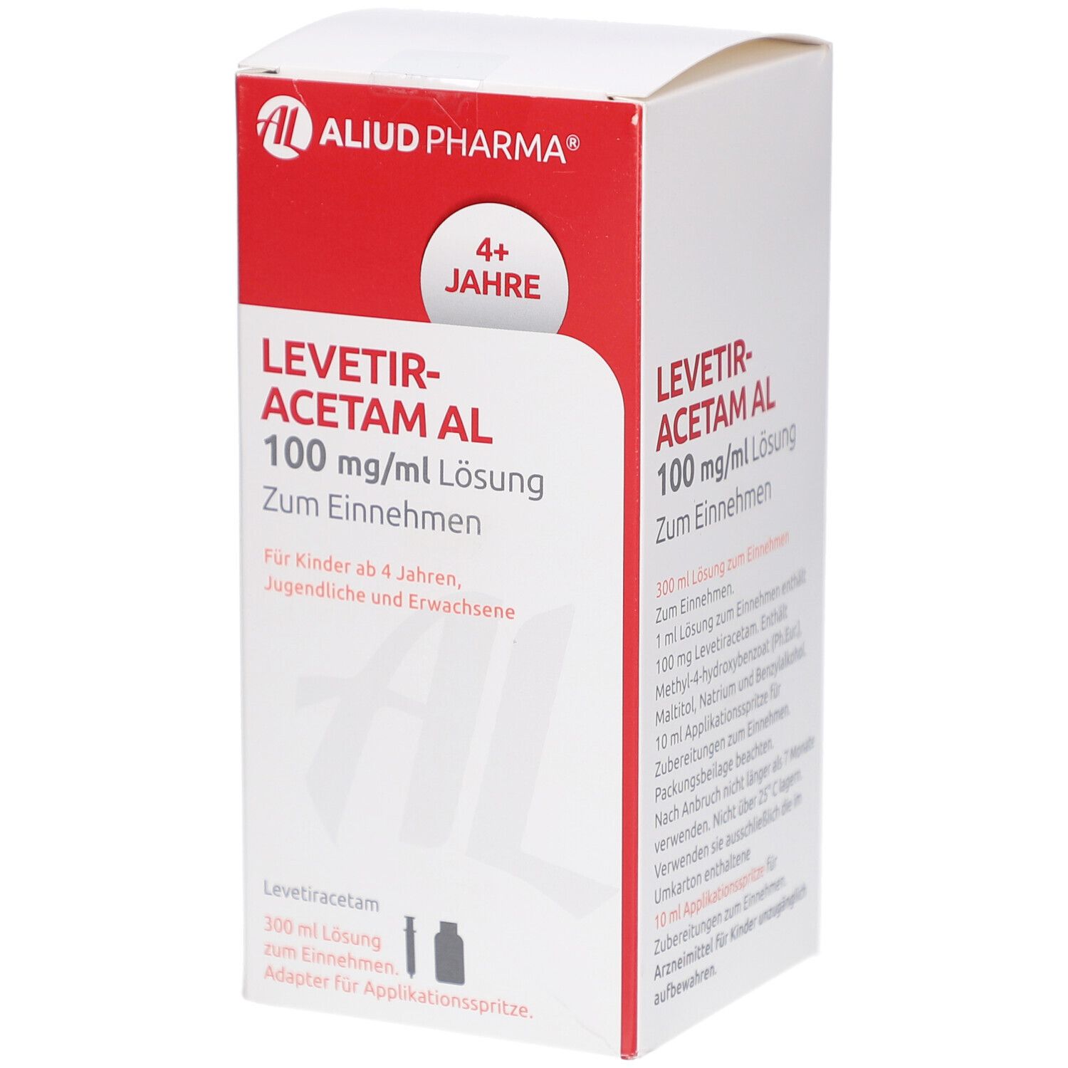 Arzneimittelpackung mit rotem und weißem Design. Beschriftung: LEVETIRACETAM AL 100 mg/ml Lösung. Logo: AL. Altersempfehlung: 4+ Jahre.