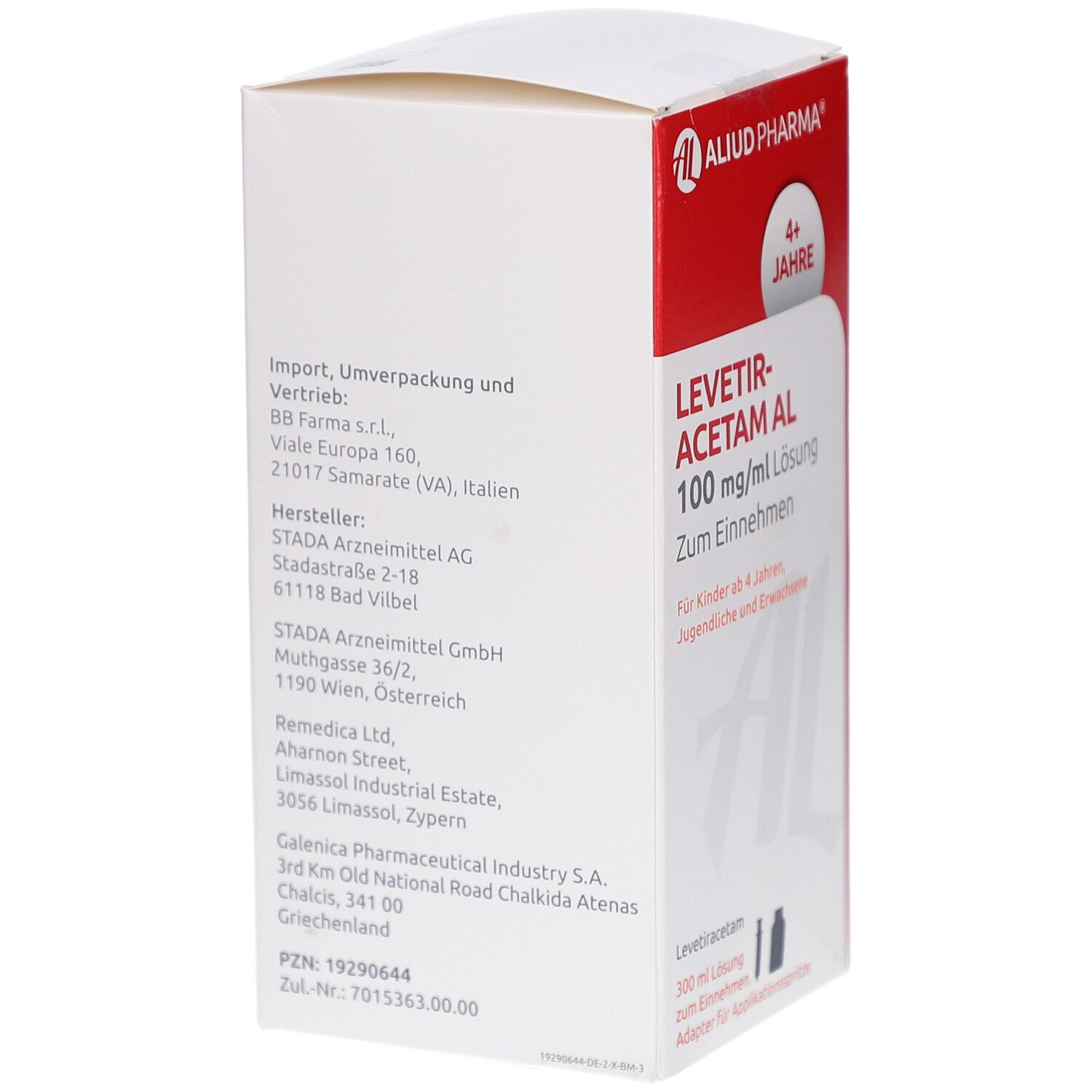 Arzneimittelpackung, Rückseite. Text mit Import-, Hersteller- und Vertriebsinformationen. Logo: AL. PZN-Nummer.