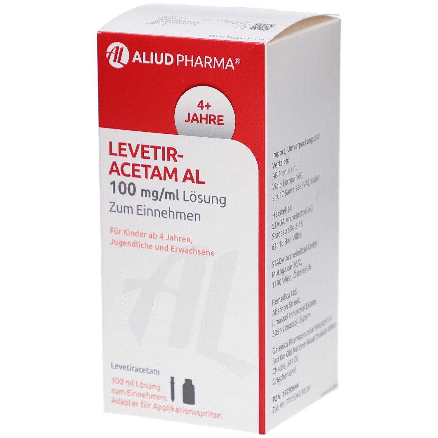 Arzneimittelpackung mit rotem und weißem Design. Beschriftung: LEVETIRACETAM AL 100 mg/ml Lösung. Logo: AL. Altersempfehlung: 4+ Jahre.