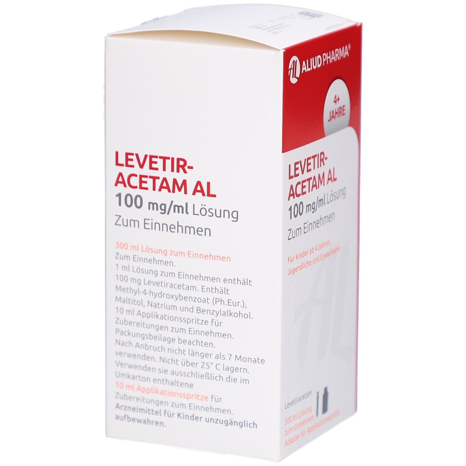 Arzneimittelpackung mit rotem und weißem Design. Beschriftung: LEVETIRACETAM AL 100 mg/ml Lösung. Logo: AL. Altersempfehlung: 4+ Jahre. Text.