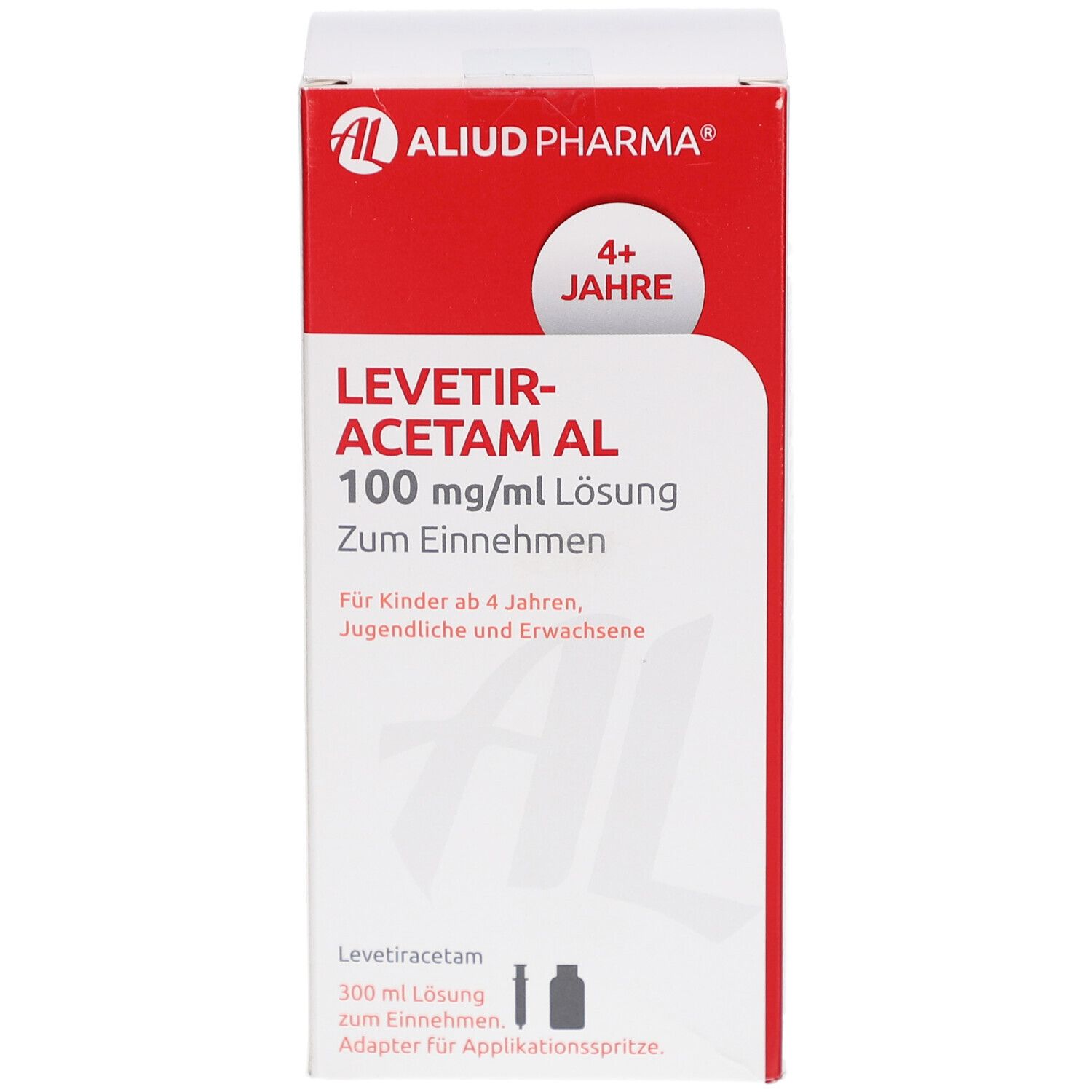 Arzneimittelpackung mit rotem und weißem Design. Beschriftung: LEVETIRACETAM AL 100 mg/ml Lösung. Logo: AL. Altersempfehlung: 4+ Jahre.