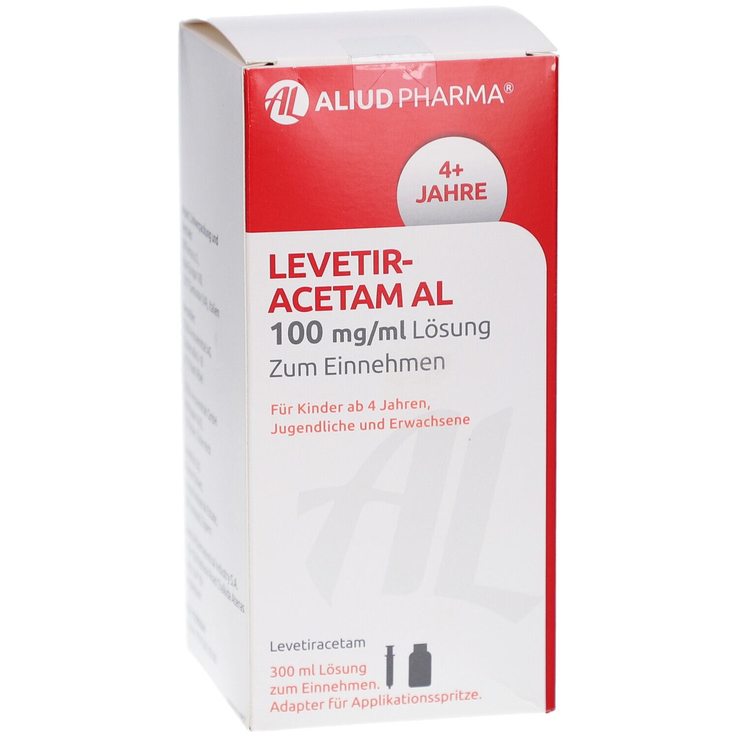 Arzneimittelpackung mit rotem und weißem Design. Beschriftung: LEVETIRACETAM AL 100 mg/ml Lösung. Logo: AL. Altersempfehlung: 4+ Jahre.