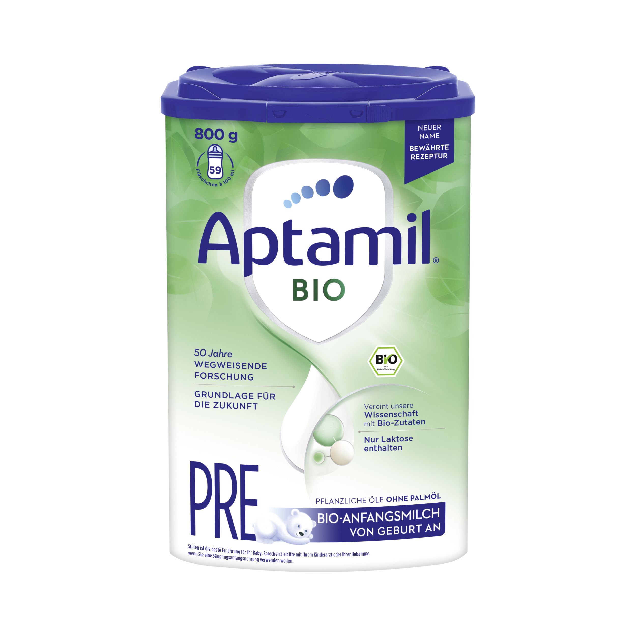 Aptamil BIO Pre-Anfangsmilch. Dose mit blauem Deckel. 800g. Bio-Siegel. Text: Bio-Anfangsmilch von Geburt an.