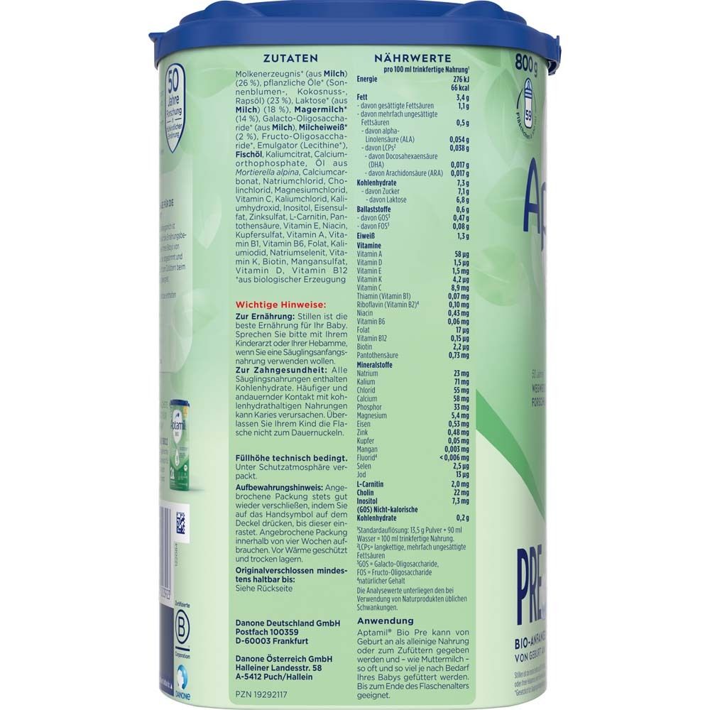 Rückseite der Aptamil Bio Pre-Dose. Enthält Nährwertangaben und Zutatenliste. Text in deutscher Sprache.
