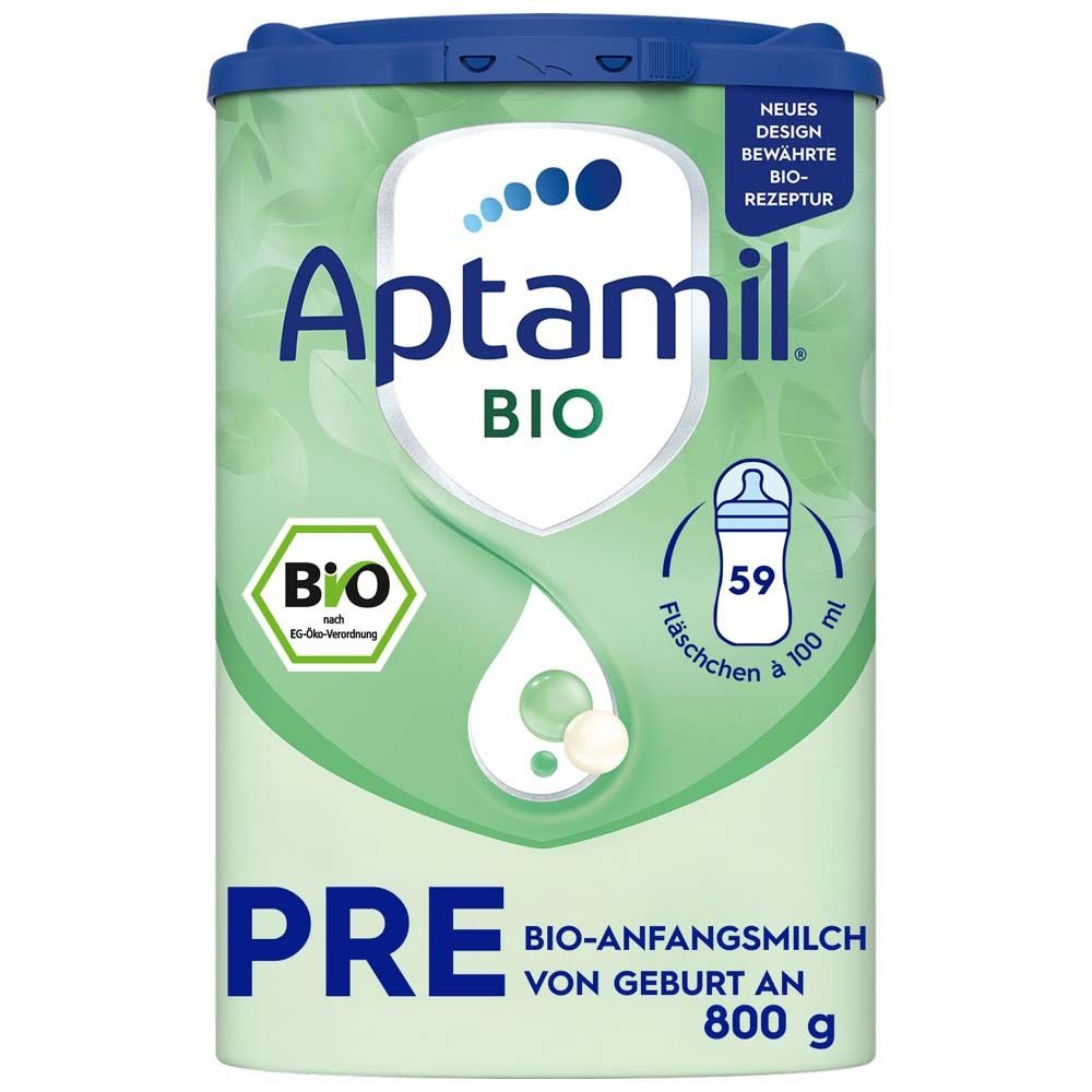 Aptamil Bio Pre-Anfangsmilch von Geburt an. Dose mit 800g. Grün-weißes Design. Mit 59 Fläschchen à 100 ml.