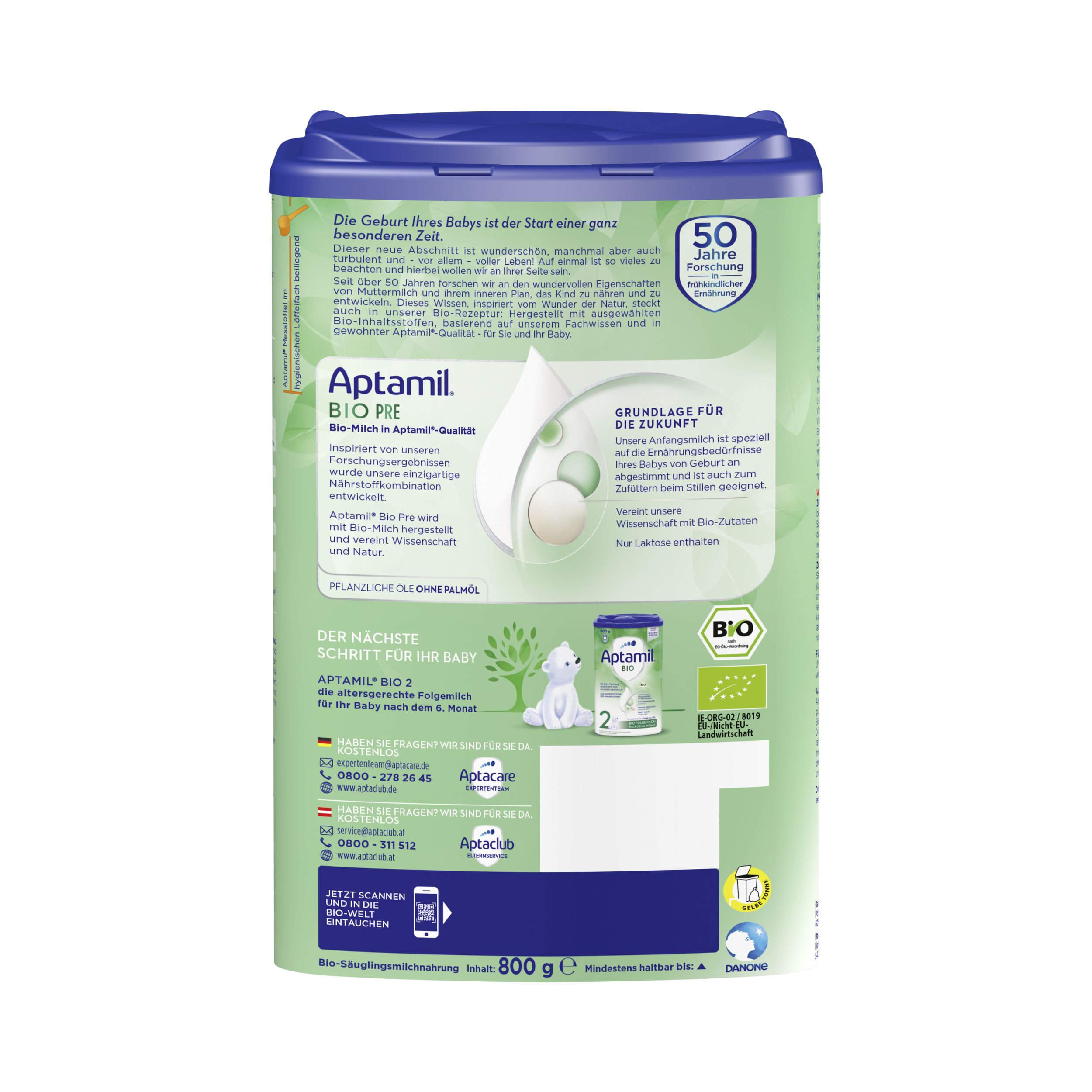 Rückseite der Aptamil BIO Pre-Anfangsmilch-Dose. Text: 50 Jahre wegweisende Forschung. Bio-Siegel. 800g. Informationen.
