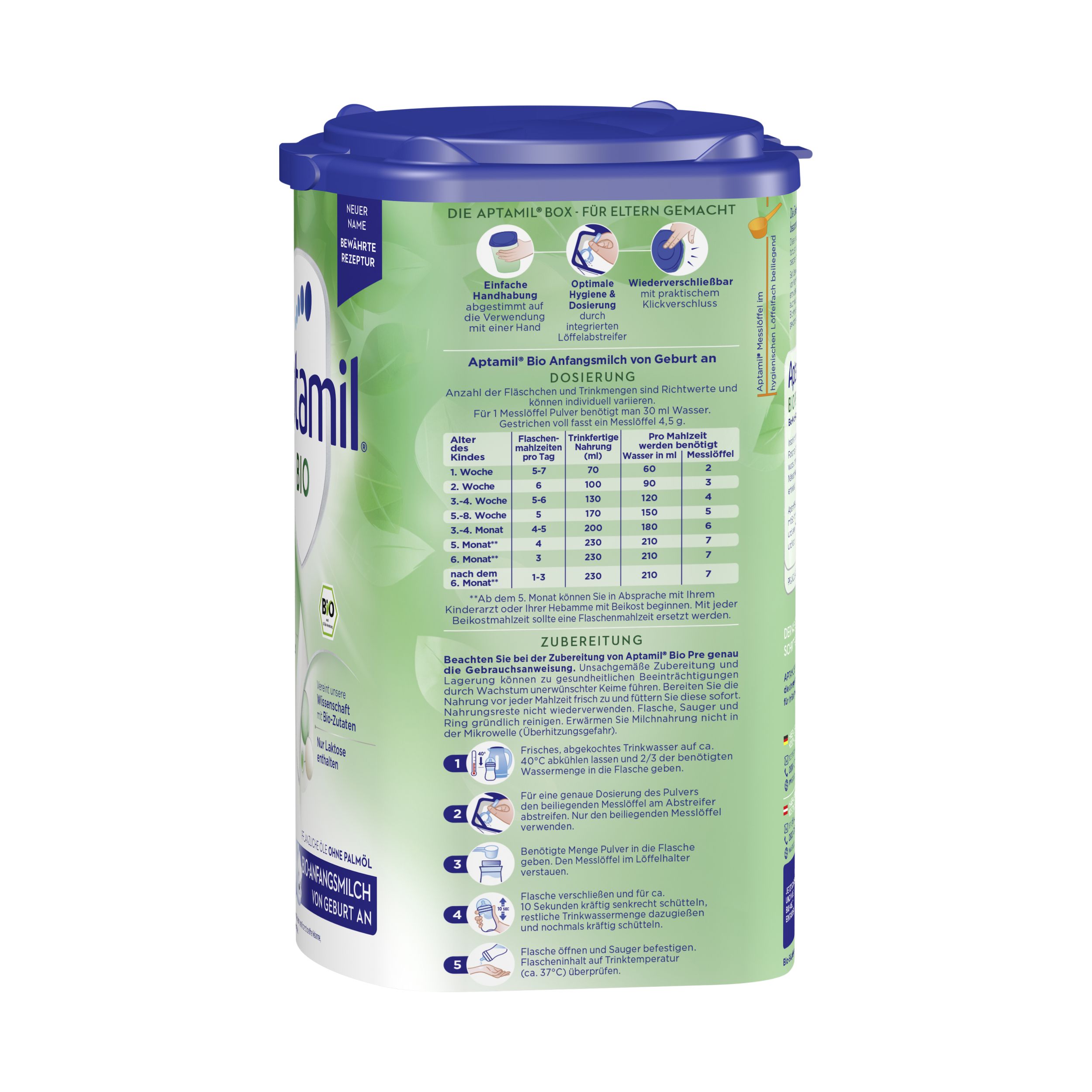 Seite der Aptamil BIO Pre-Anfangsmilch-Dose. Dosierungstabelle. Text: Aptamil Bio Anfangsmilch von Geburt an. Zubereitung.