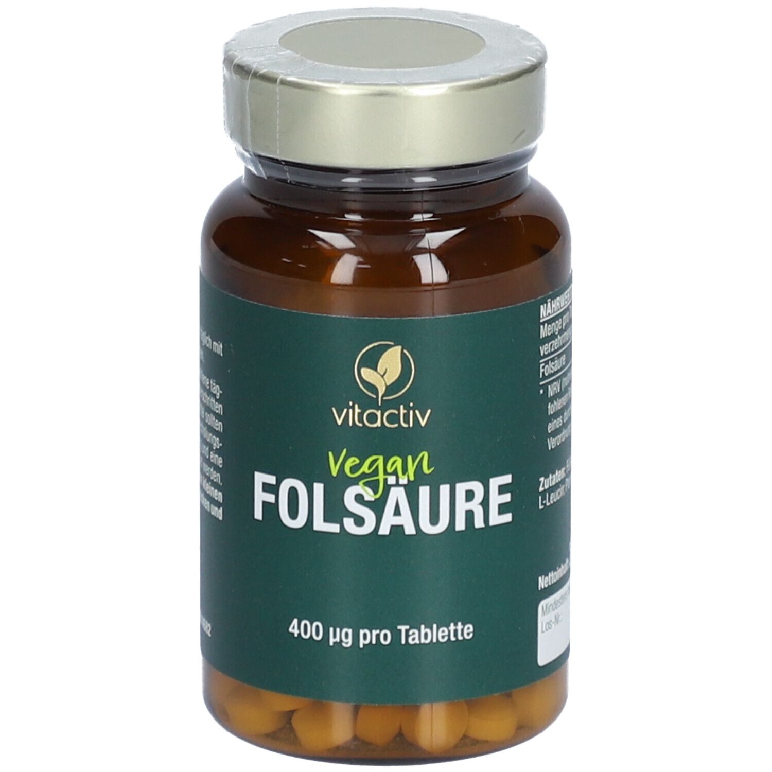 Braune Glasflasche mit grüner Etikett. Aufschrift: Vegan Folsäure 400 µg pro Tablette. Goldfarbener Deckel.
