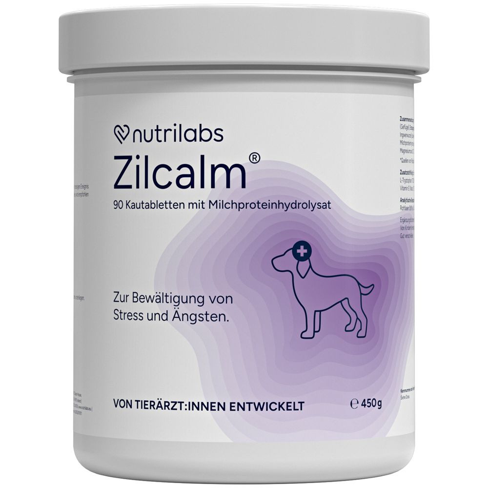 Weiße Dose mit "Zilcalm"-Aufdruck. Enthält 90 Kautabletten. Abbildung eines Hundes mit einem Pluszeichen.