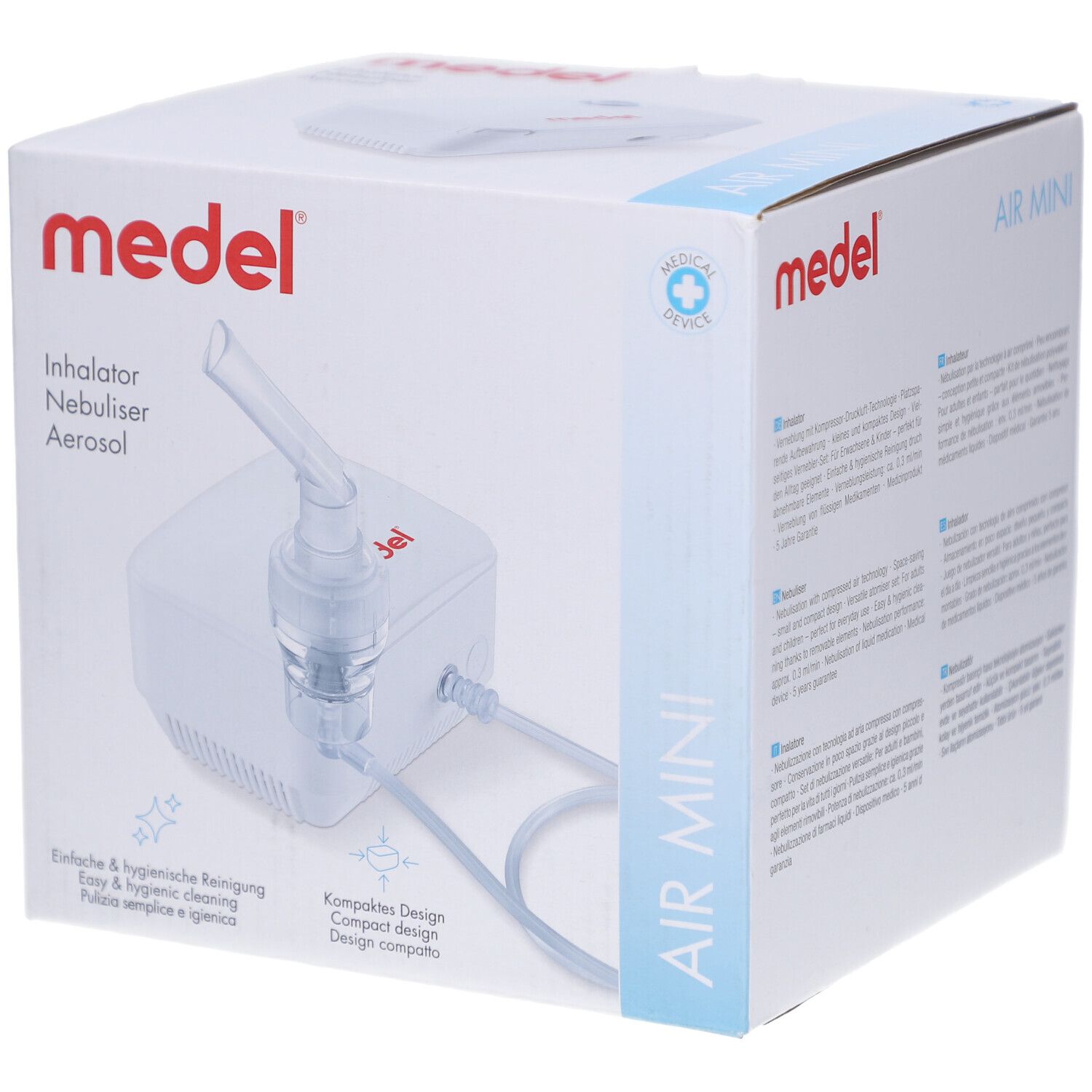 Verpackung des Medel Air Mini Inhalators. Weißer Karton mit Produktabbildung und Markennamen. Aufschrift: Inhalator, Nebuliser, Aerosol.