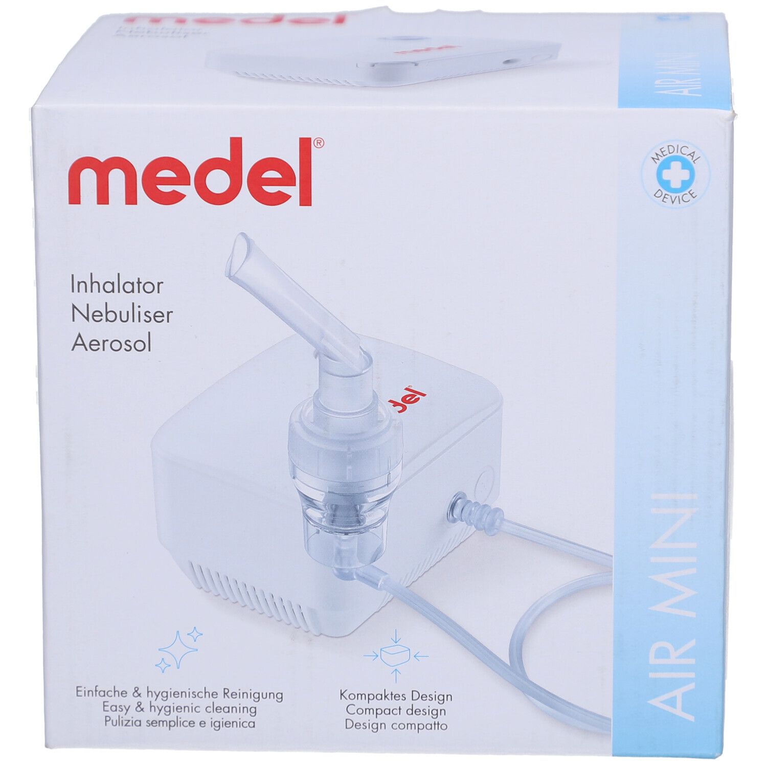 Vorderseite der Verpackung des Medel Air Mini Inhalators. Weißer Karton mit Produktabbildung und Markennamen. Aufschrift: Inhalator, Nebuliser, Aerosol.