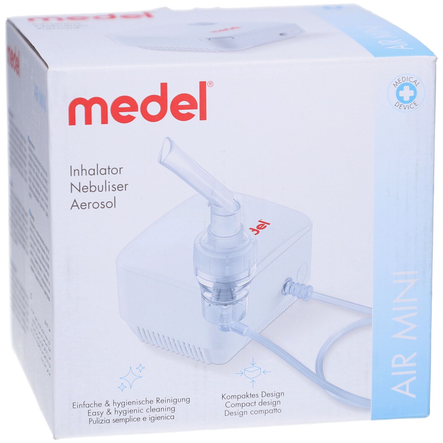 Vorderseite der Verpackung des Medel Air Mini Inhalators. Weißer Karton mit Produktabbildung und Markennamen. Aufschrift: Inhalator, Nebuliser, Aerosol.