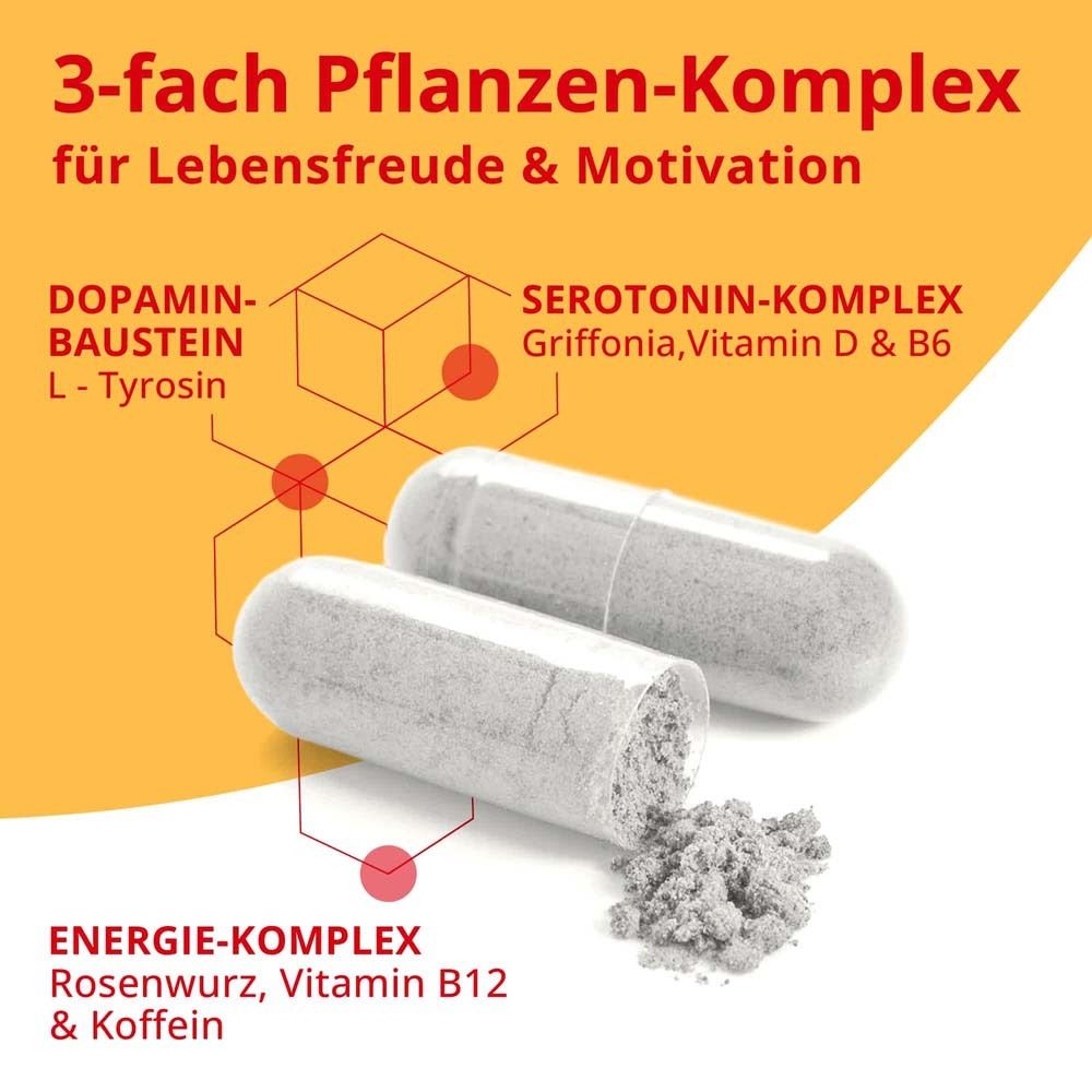 Zwei Kapseln. Inhaltsstoffe: L-Tyrosin, Griffonia, Rosenwurz, Koffein, Vitamin D & B6, Vitamin B12. 
