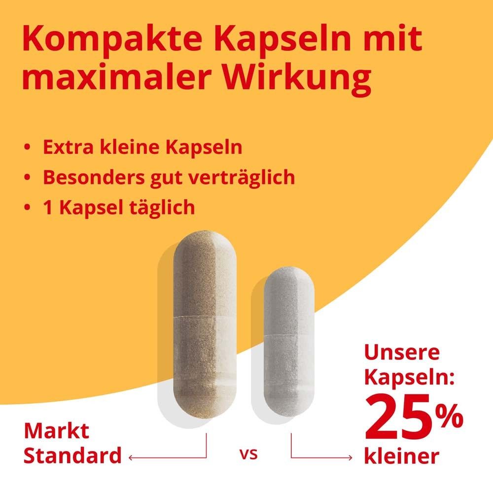 Zwei Kapseln. Vergleich: Marktstandard vs. 25% kleiner. Text: Extra kleine Kapseln, gut verträglich.