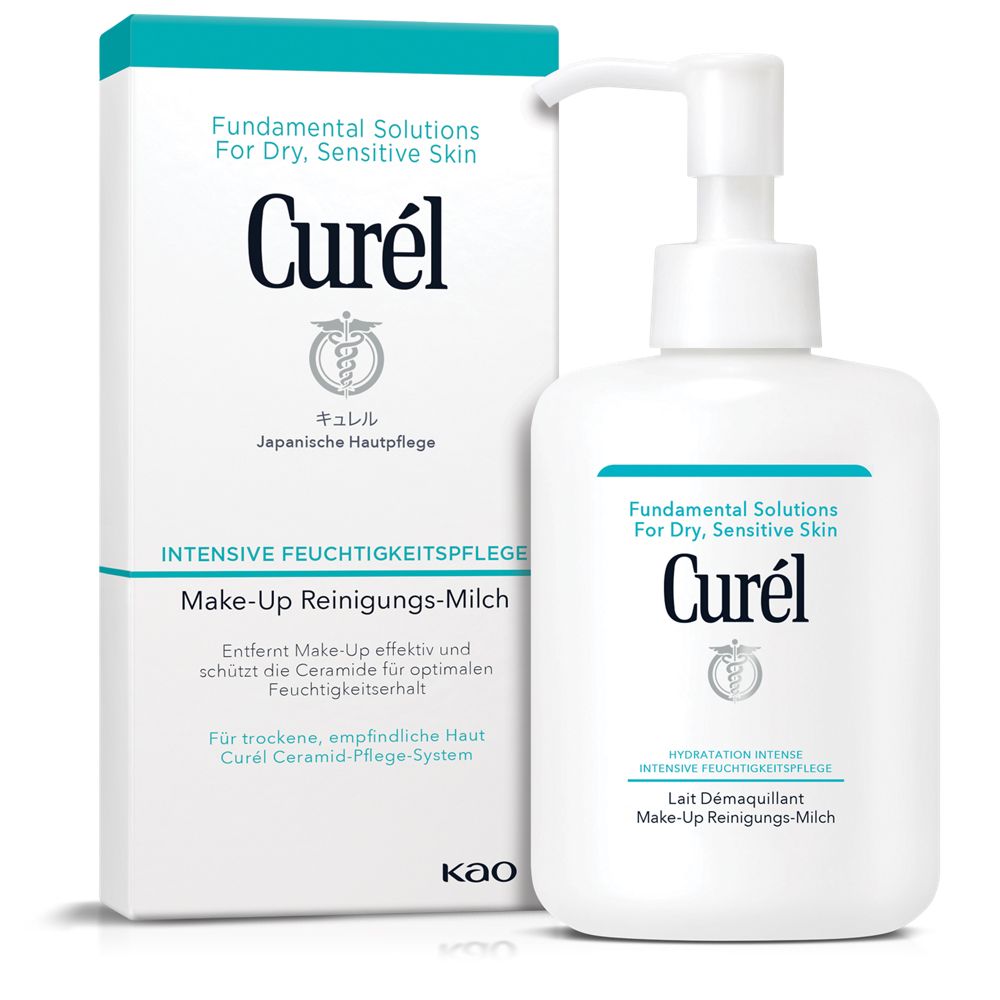 Weißer Spender mit Pumpe und Karton. Aufschrift: Curél, Make-Up Reinigungs-Milch. Für trockene, empfindliche Haut.
