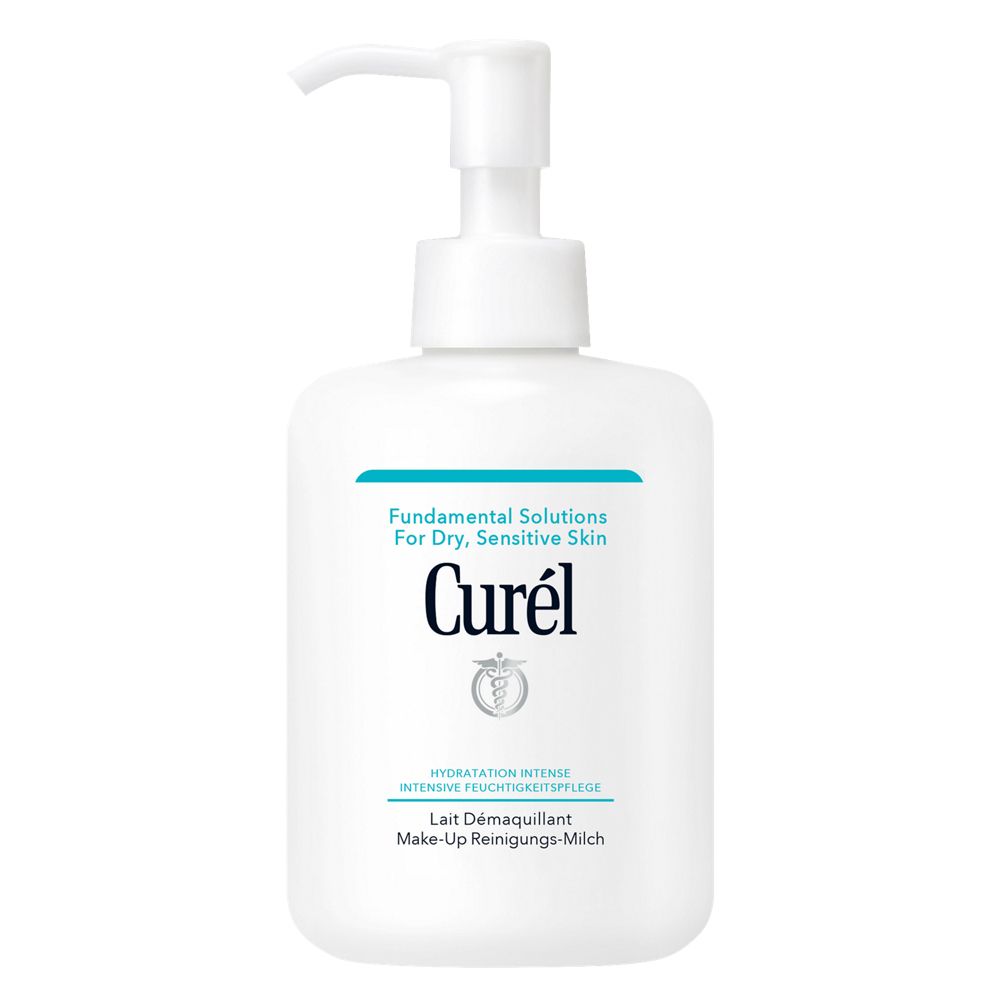 Weißer Spender mit Pumpe. Aufschrift: Curél, Make-Up Reinigungs-Milch. Für trockene, empfindliche Haut.