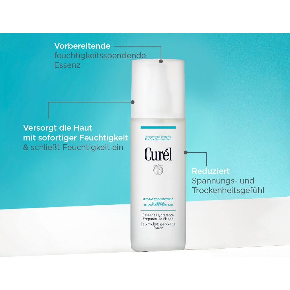 Weiße Flasche mit Produktinformationen. Text: Curél, Feuchtigkeitsspendende Essenz. Blaue Akzente. Pfeile zeigen auf Text.