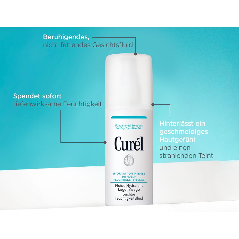 Weißes Feuchtigkeitsfluid mit blauen Markierungen. Text: Curél, Hydratation Intense, Leichte Feuchtigkeitsfluid. Pfeile zeigen auf Text.
