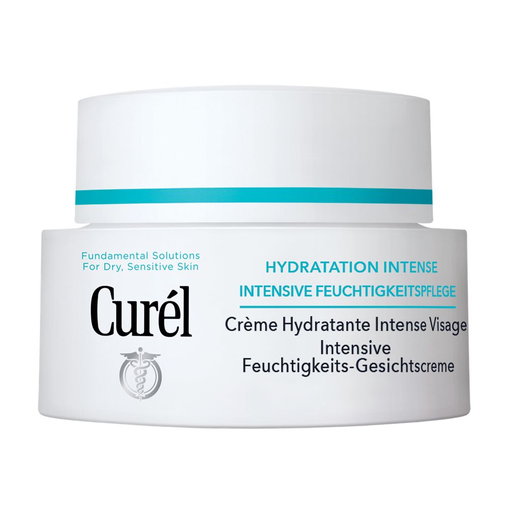 Creme-Dose. Aufschrift: Curél, Crème Hydratante Intense Visage. Weißer Behälter mit türkisfarbenem Deckel.